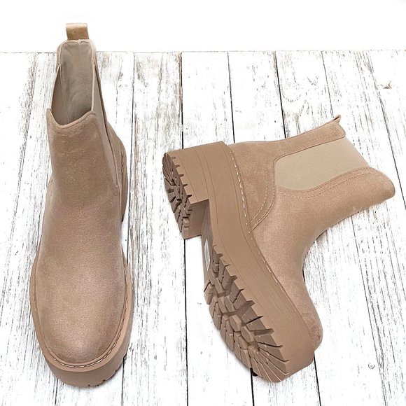 New Camel Chelsea Platform Block Heel Combat Ankle Boots Booties - Picture 4 of 4